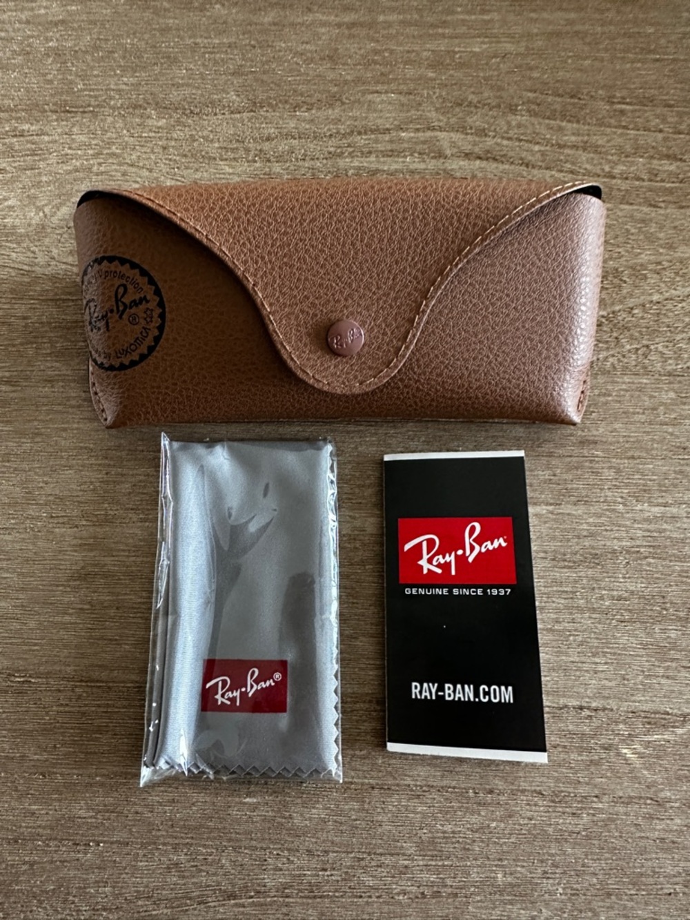 Ray-Ban Brown Leather Sunglasses Case with Cloth and Booklet